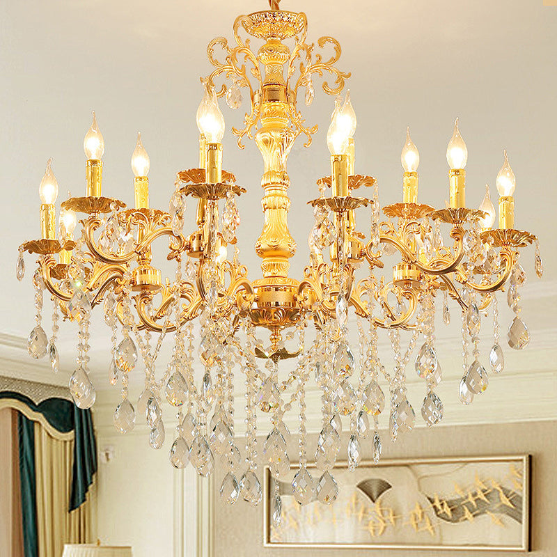 Modern Metal Candle Chandelier: 8/10/12 Light Brass Pendant With Crystal Draping 12 /