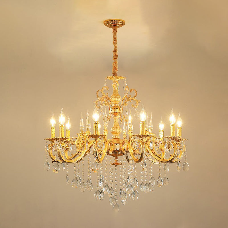 Modern Metal Candle Chandelier: 8/10/12 Light Brass Pendant With Crystal Draping