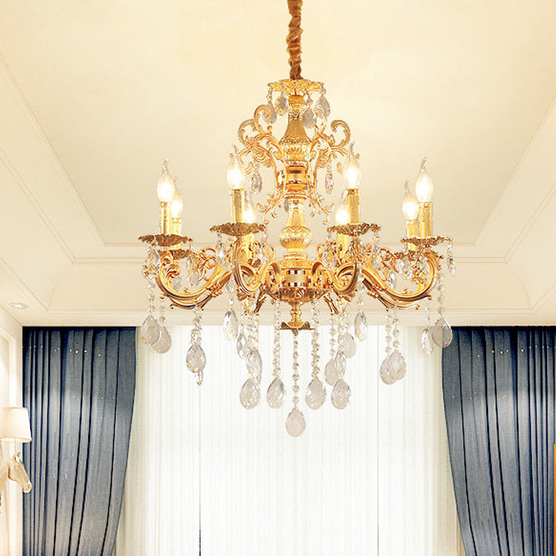 Modern Metal Candle Chandelier: 8/10/12 Light Brass Pendant With Crystal Draping 8 /
