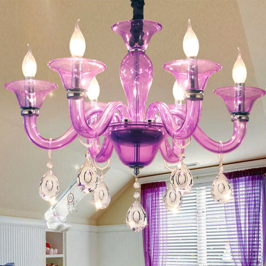 Modern Hanging Chandelier With Clear Crystal Glass 6 Bulbs - Purple Pendant Ceiling Light