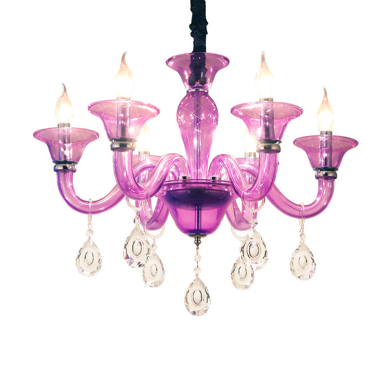 Modern Hanging Chandelier With Clear Crystal Glass 6 Bulbs - Purple Pendant Ceiling Light