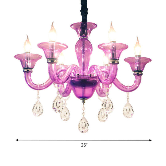 Modern Hanging Chandelier With Clear Crystal Glass 6 Bulbs - Purple Pendant Ceiling Light