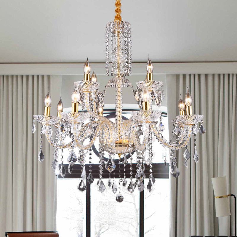 Modern Brass Chandelier Lamp With Curved Arm Beveled Crystal And 10 Bulbs For Living Room Pendant