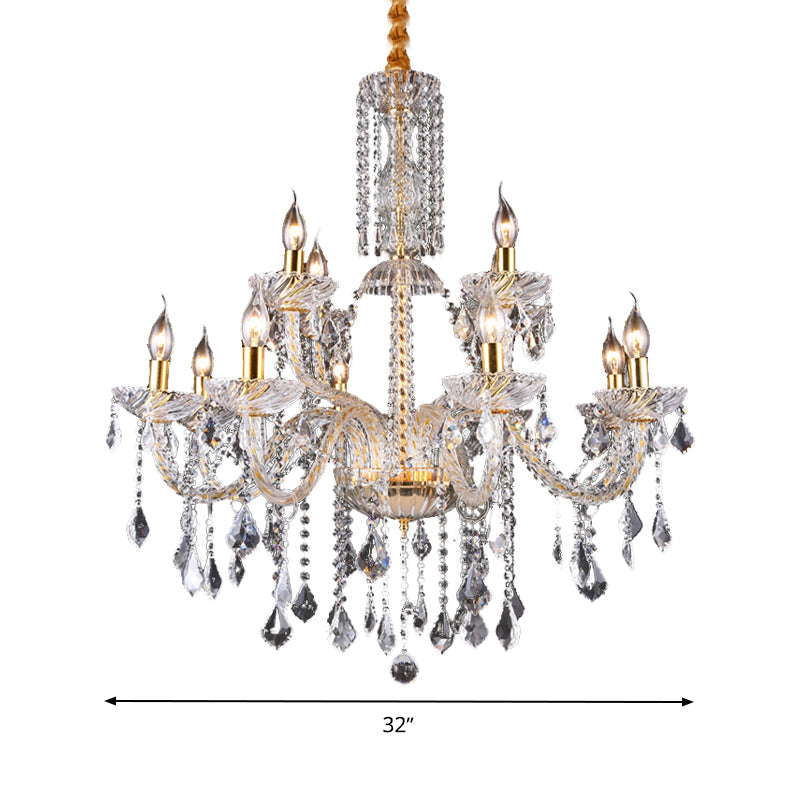Modern Brass Chandelier Lamp With Curved Arm Beveled Crystal And 10 Bulbs For Living Room Pendant