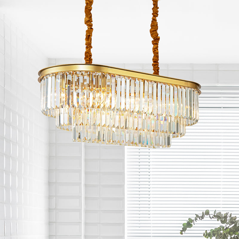 Modern Brass Island Pendant Light With Oval Crystal Shade - 8-Light Dining Room Hanging Lamp Kit