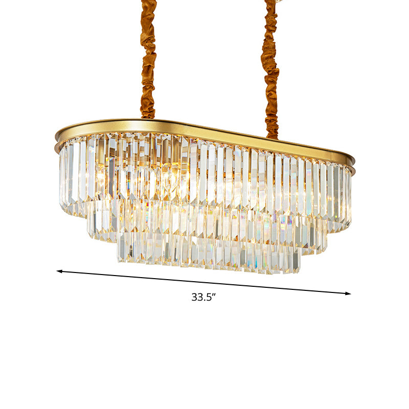 Modern Brass Island Pendant Light With Oval Crystal Shade - 8-Light Dining Room Hanging Lamp Kit