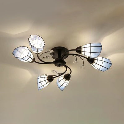 Tiffany Loft Bell Ceiling Light With Clear Crystal And 6 Lights In Beige/Blue - Perfect For Any
