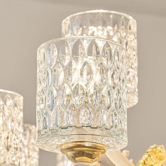 Postmodern 10 Head Dimpled Glass Pendant Light Kit In Brushed Brass