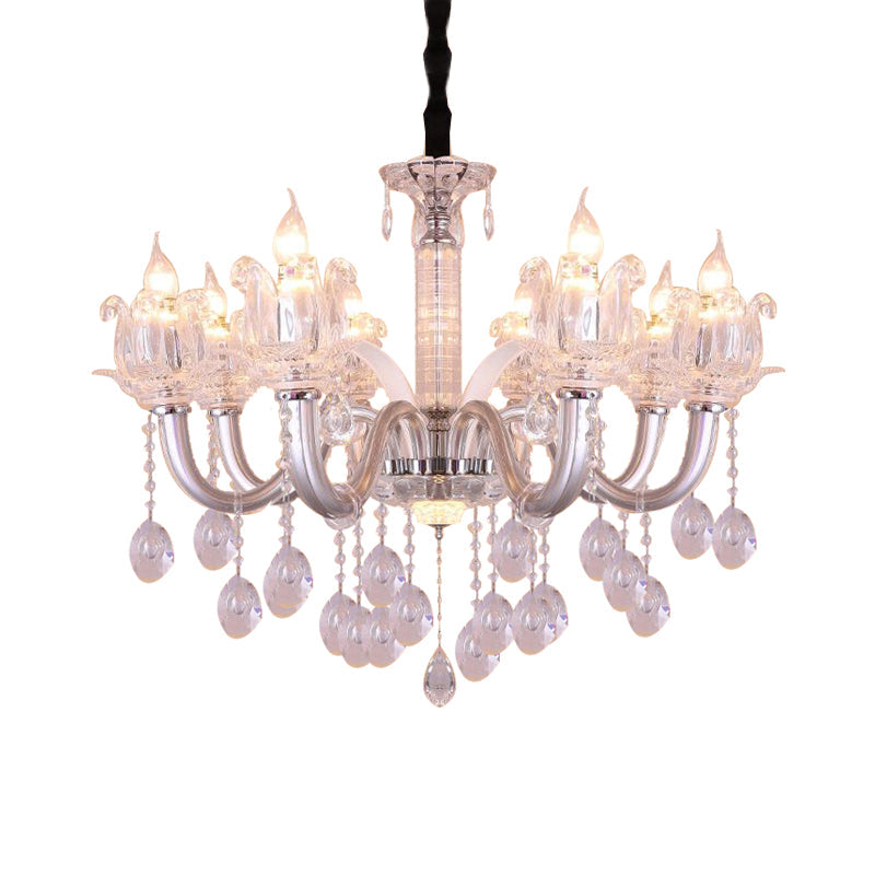 Contemporary Crystal Drop Candelabra Hanging Lamp - 6/8 Heads, 23.5"/31.5" Wide, Silver Pendant Chandelier