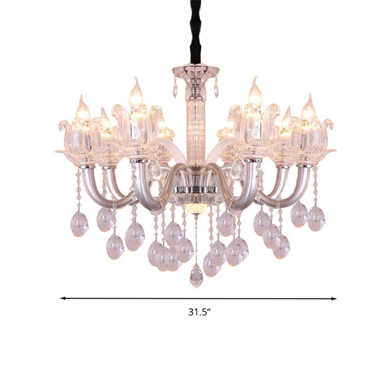 Contemporary Crystal Drop Candelabra Hanging Lamp - 6/8 Heads, 23.5"/31.5" Wide, Silver Pendant Chandelier