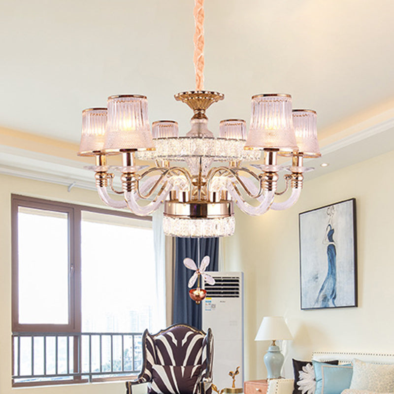 Minimalist Gold Chandelier With 6 Glass Heads And Ridge Shape Design