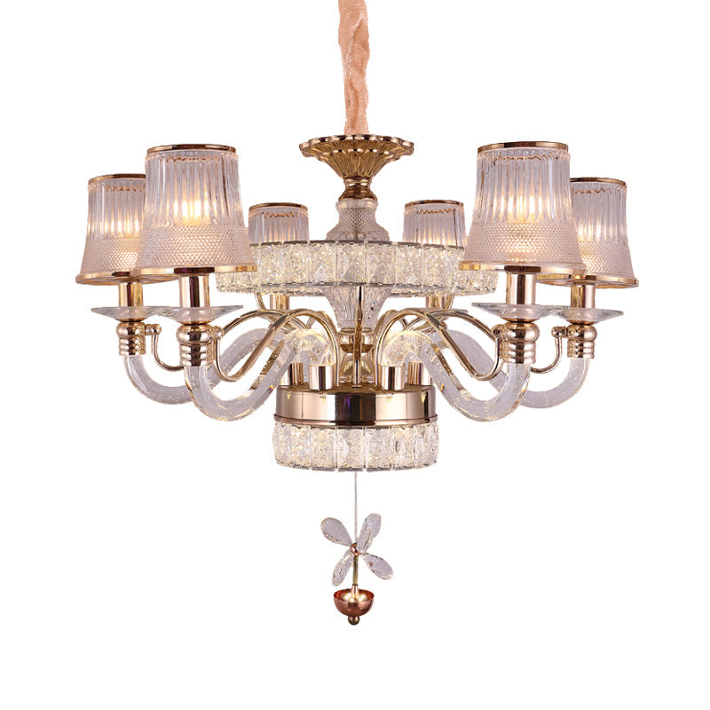 Minimalist 6-Head Gold Chandelier Lamp | Empire Shape | Ridge Glass Hanging Light Fixture