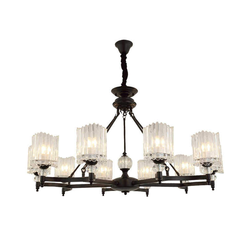 Contemporary Black Cylinder Suspension Lighting with Crystal Rods - 6/8/10 Heads Hanging Lamp Kit, 28"/34.5"/42.5" Wide