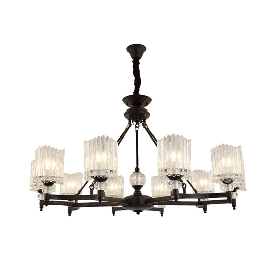 Contemporary Black Cylinder Suspension Lighting with Crystal Rods - 6/8/10 Heads Hanging Lamp Kit, 28"/34.5"/42.5" Wide