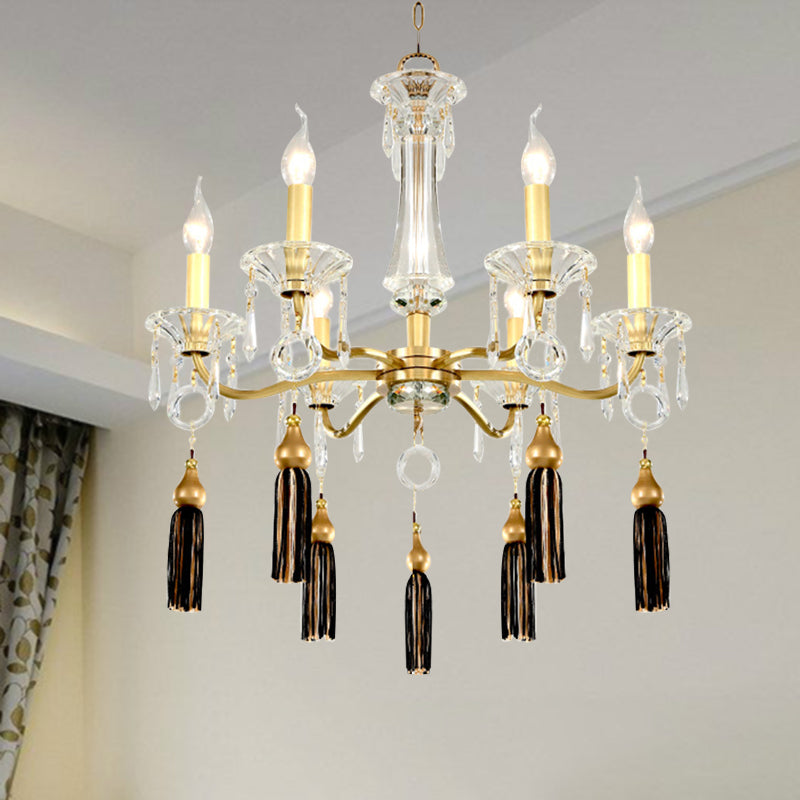 Vintage Gold Chandelier with Clear Crystal Suspension, 6 Heads & Tassel Decoration