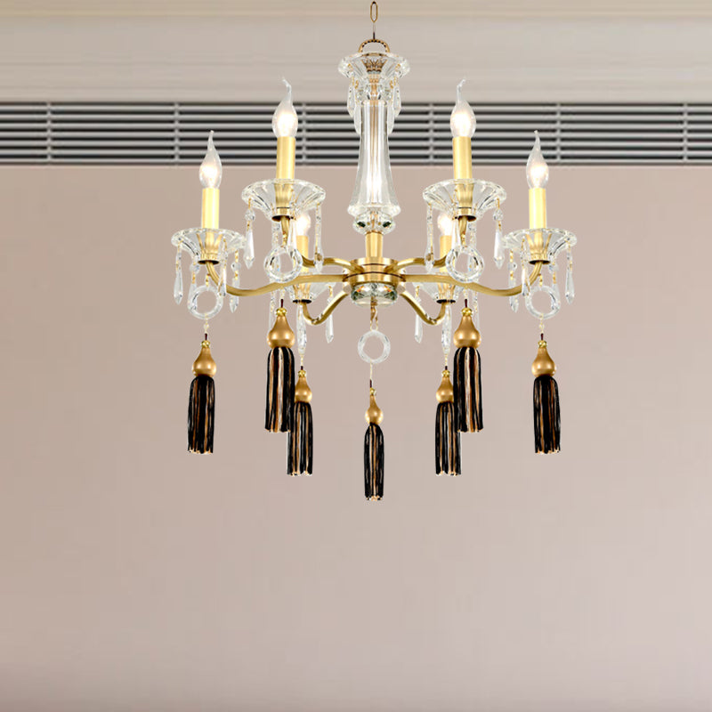 Vintage Gold Chandelier with Clear Crystal Suspension, 6 Heads & Tassel Decoration