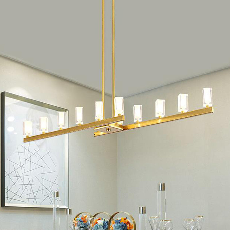 Postmodern Brass Linear Pendant Light With Crystal Accents - 12 Heads Rectangle Design