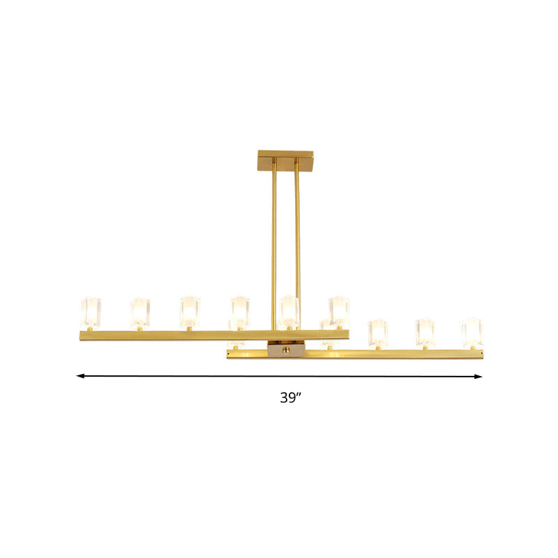 Postmodern Brass Linear Pendant Light With Crystal Accents - 12 Heads Rectangle Design