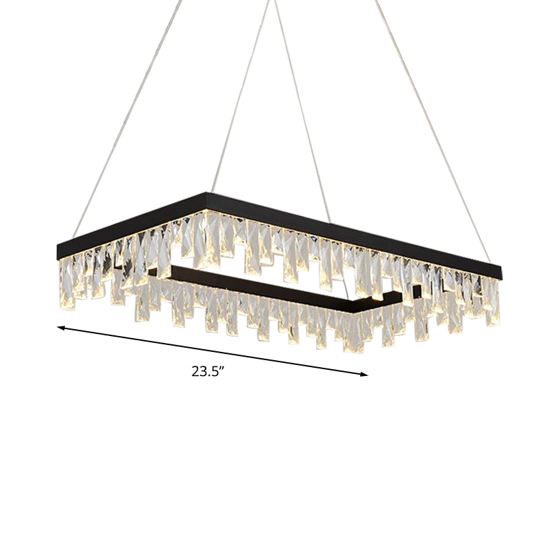 Modern Crystal Block LED Black Chandelier Lighting - Rectangle Hanging Light in 16"/23.5" Width