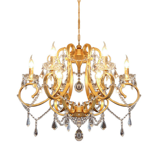 Brass Crystal Drop Chandelier Lamp - Postmodern Pendant Light For Candle Dining Room 6 Heads