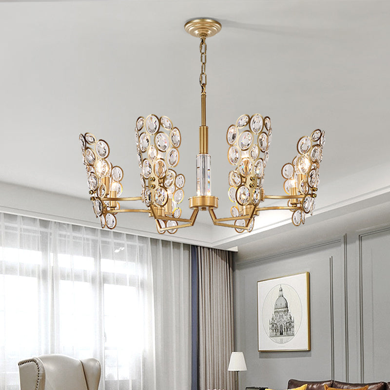 Postmodern Brass Candelabra Pendant Chandelier with Crystal Encrusted Ceiling Suspension – 6 Heads