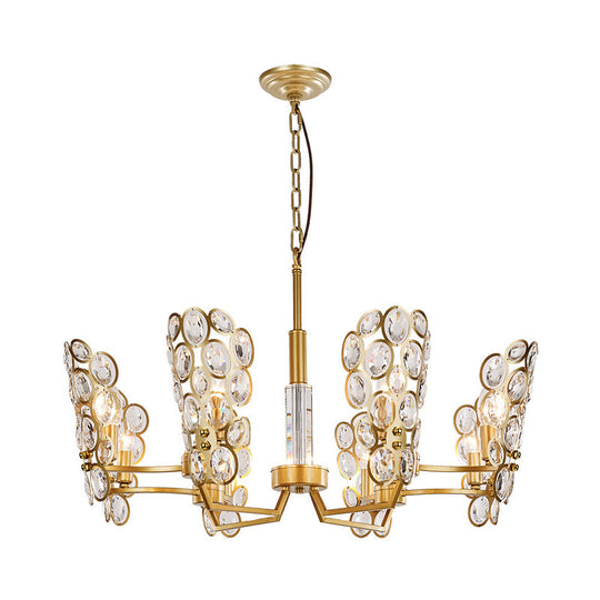 Crystal-Encrusted Postmodern Brass Candelabra Chandelier With 6 Suspended Pendant Heads