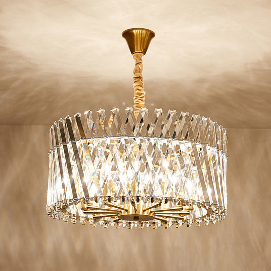 Contemporary Crystal Rod Drum Ceiling Light - Tri-Sided Design 10 Heads Chandelier Fixture