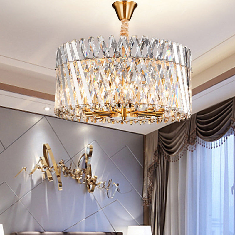 Contemporary Crystal Rod Drum Ceiling Light - Tri-Sided Design 10 Heads Chandelier Fixture Brass