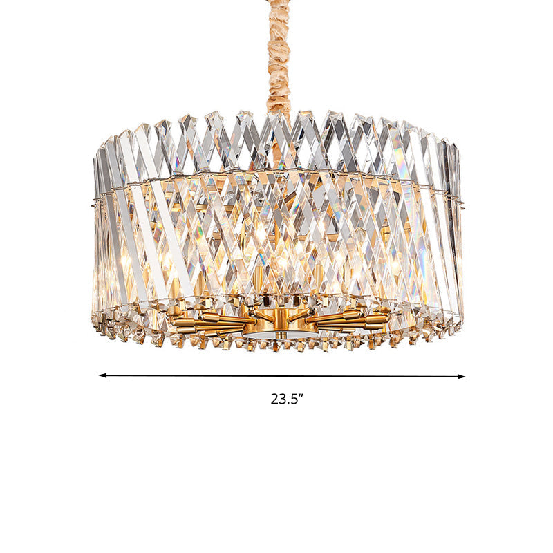 Contemporary Crystal Rod Drum Ceiling Light - Tri-Sided Design 10 Heads Chandelier Fixture