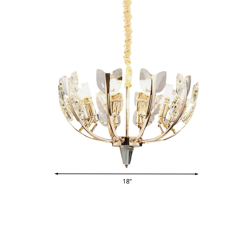 Modern Curved Arm Ceiling Light with Leaf Crystal, 8/10 Heads, Brushed Brass Finish