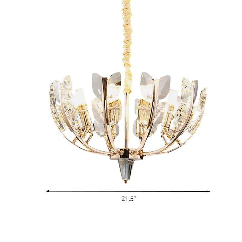Modern Curved Arm Ceiling Light with Leaf Crystal, 8/10 Heads, Brushed Brass Finish