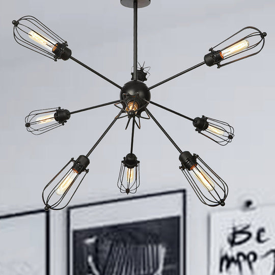 Warehouse Style Metal Bulb Cage Chandelier - Black Hanging Lamp with 9/12/15 Heads for Living Room Lighting