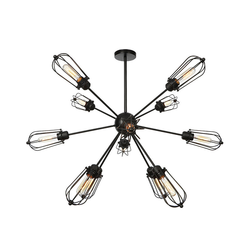 Warehouse Style Metal Bulb Cage Chandelier - Black Hanging Lamp with 9/12/15 Heads for Living Room Lighting