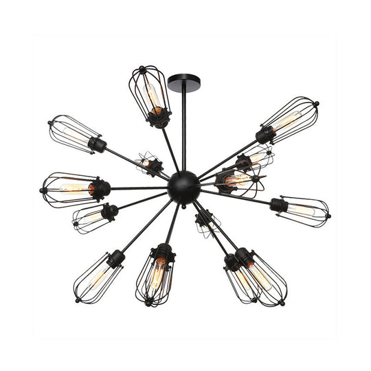 Industrial Metal Bulb Cage Chandelier - Warehouse Style 9/12/15 Heads Black Hanging Lamp For Living
