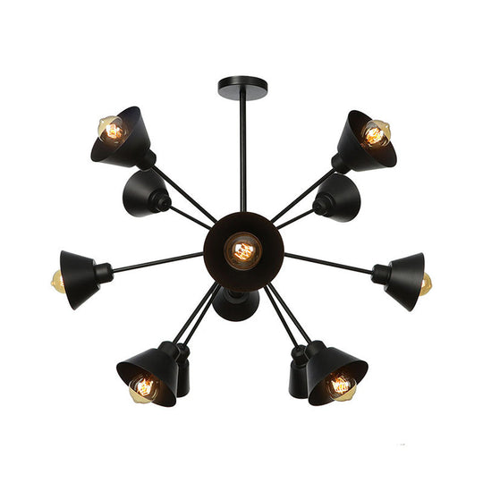 Industrial Stylish Metal Hanging Lamp with Sputnik Design - Cone Shade, 9/12/15 Lights - Black Chandelier Pendant Light