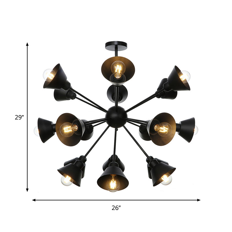 Industrial Stylish Metal Hanging Lamp with Sputnik Design - Cone Shade, 9/12/15 Lights - Black Chandelier Pendant Light