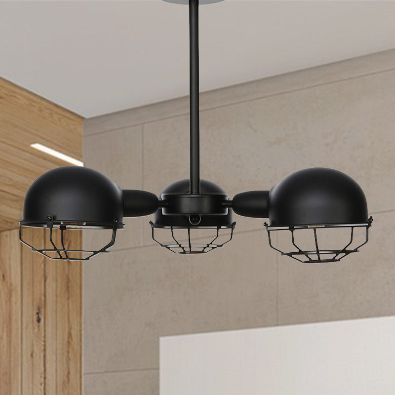Domed Industrial Style Pendant Light With 3 Bulbs - Metallic Black/Brass Finish Chandelier Black / B