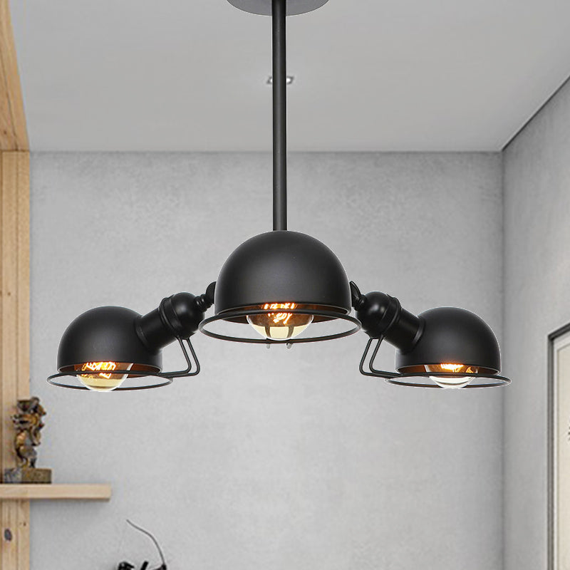 Domed Industrial Style Pendant Light With 3 Bulbs - Metallic Black/Brass Finish Chandelier Black / A