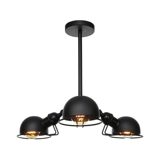 Domed Industrial Style Pendant Light With 3 Bulbs - Metallic Black/Brass Finish Chandelier