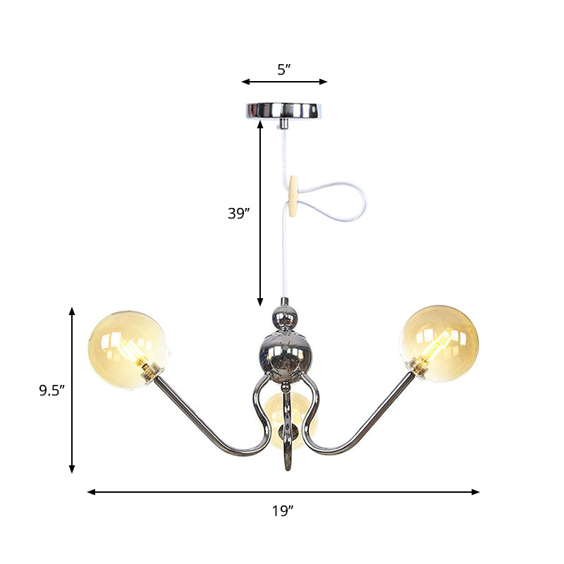 Modern Industrial Hanging Chandelier With 3 Amber/Clear Glass Shades Black/Chrome Finish Orbit