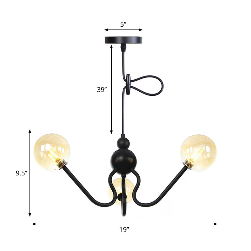 Modern Industrial Hanging Chandelier With 3 Amber/Clear Glass Shades Black/Chrome Finish Orbit