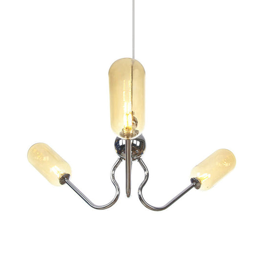 Vintage Oval Chandelier Lighting - Amber/Clear Glass 3 Heads Ceiling Lamp With Adjustable Cord In