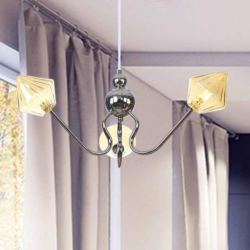 Diamond Pendant Lighting for Farmhouse with Amber/Clear Glass - 3 Lights - Chandelier Lamp in Black/Chrome