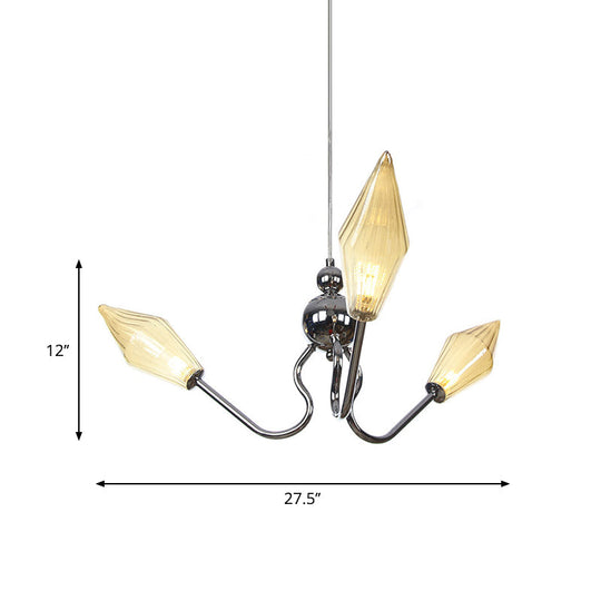 Vintage Diamond Hanging Lamp: Amber/Clear Glass, 3-Head Chandelier with Adjustable Cord - Black/Chrome Finish