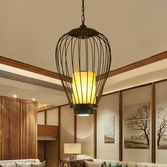Chinese Style Wire Cage Suspension Lamp - 14/18 Wide 1-Light Hanging Ceiling Pendant Black / 14