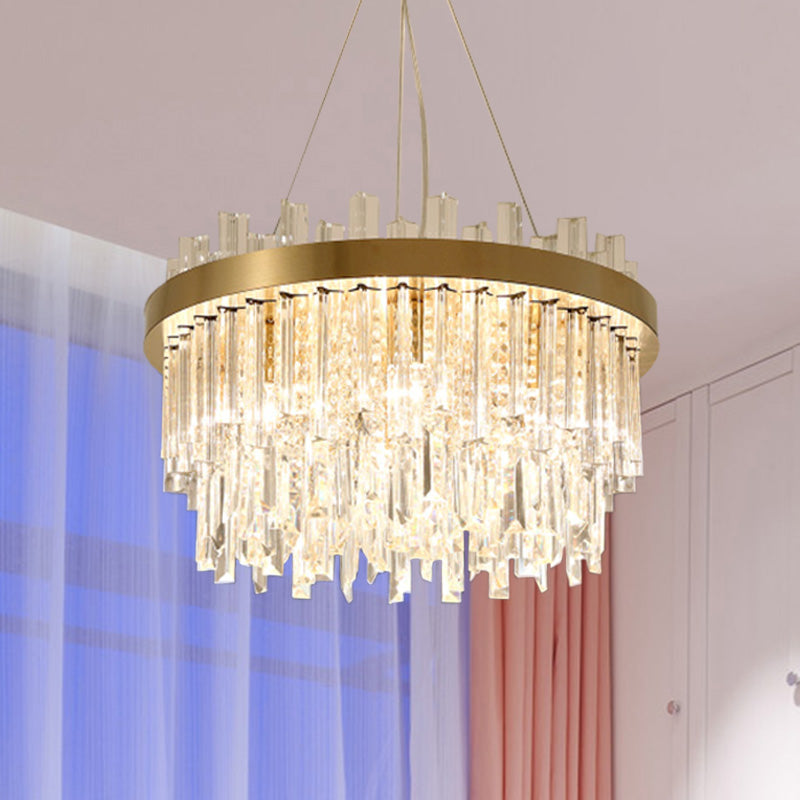 Contemporary Gold Cylinder Chandelier - 6 Bulbs Faceted Crystal Hanging Ceiling Light