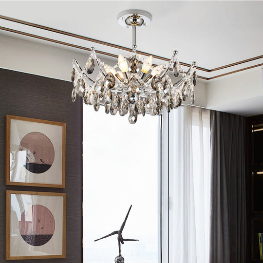 Contemporary Chrome Droplet Chandelier: 6-Head Crystal Hanging Lamp