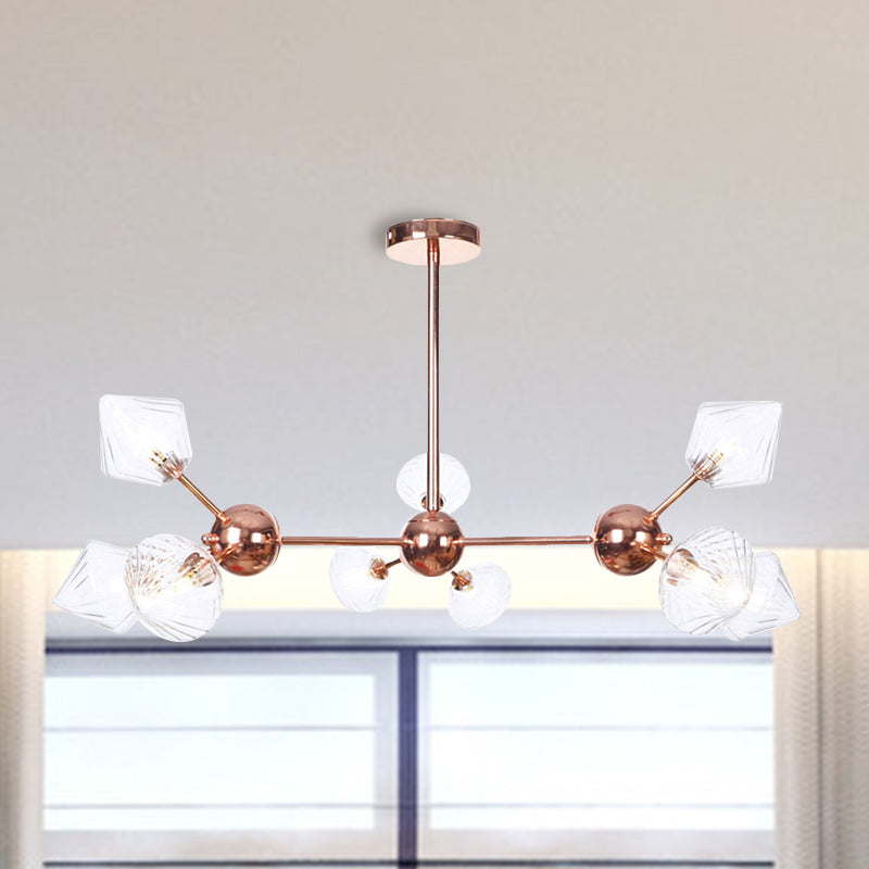 Diamond Farmhouse Chandelier Lamp - Amber/Clear Glass 3/9/12 Lights Hangs 13/27.5/34 Wide 9 / Clear
