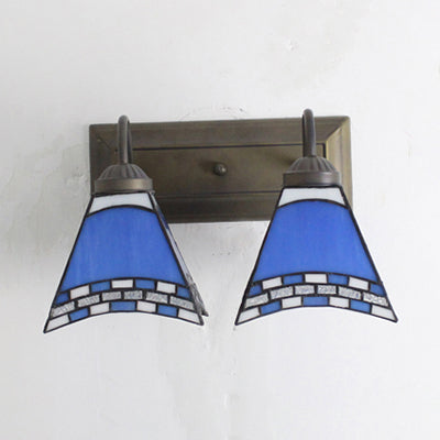 Mediterranean Pyramid Wall Mounted Light - 2 Blue/Sky Blue Glass Sconce Lighting For Bedroom