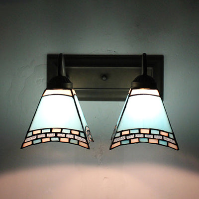 Mediterranean Pyramid Wall Mounted Light - 2 Blue/Sky Blue Glass Sconce Lighting For Bedroom Sky